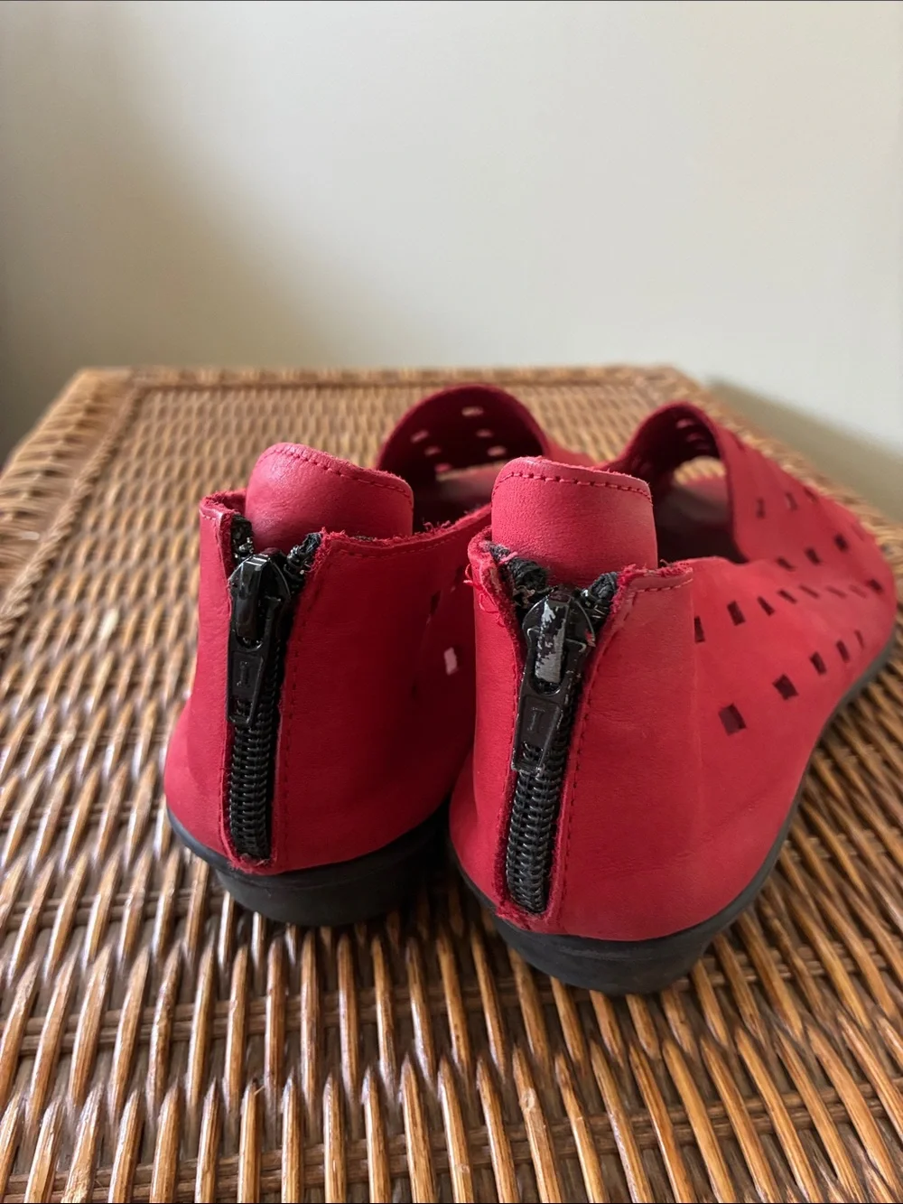 Sesto Meucci Red Perforated Suede open-toed shoes. Zipper in back at heel